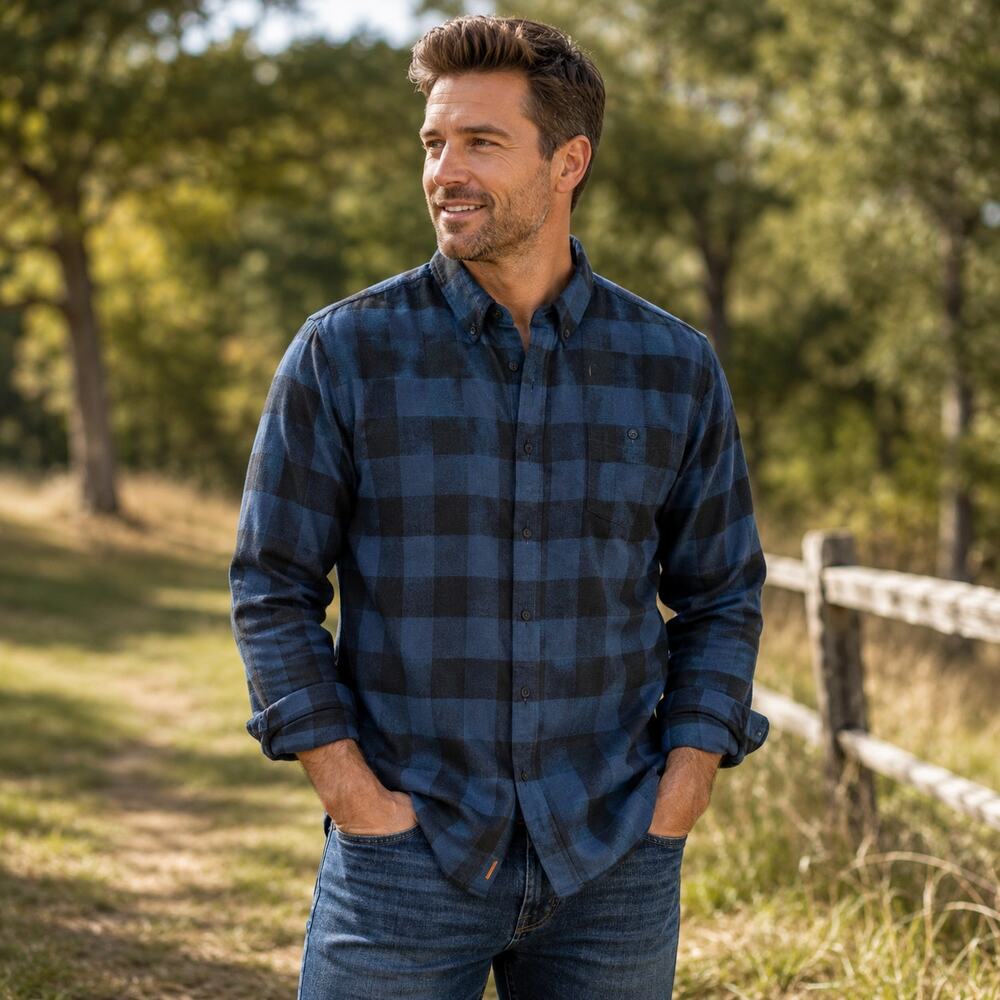 Mens Weatherproof Vintage Blue/Black Plaid Long Sleeve Shirt XXL Camping Fishing
